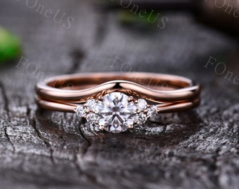 Dainty Moissanite engagement ring set Rose gold round cut moissanite wedding ring curved plain stacking band delicate bridal promise ring