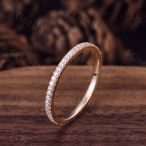 1.0mm Colorless Moissanite Wedding Band Women 14K Rose Gold Pave Wedding Band Delicate Stacking Band Minimalist Ring Anniversary Gift