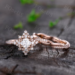 Moissanite engagement ring set dainty round shaped vintage Rose Gold diamond cluster rings Unique twisted wedding band Bridal Promise ring