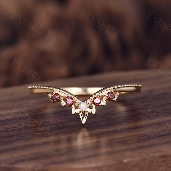 Curved Opal Garnet wedding ring 14K solid yellow gold stacking band unique Opal wedding band red Garnet matching band anniversary ring