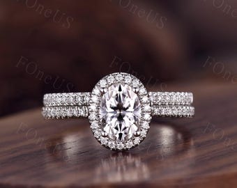 Oval cut Moissanite engagement ring set Classic white gold engagement ring for women half eternity stacking band Bridal Anniversary ring set