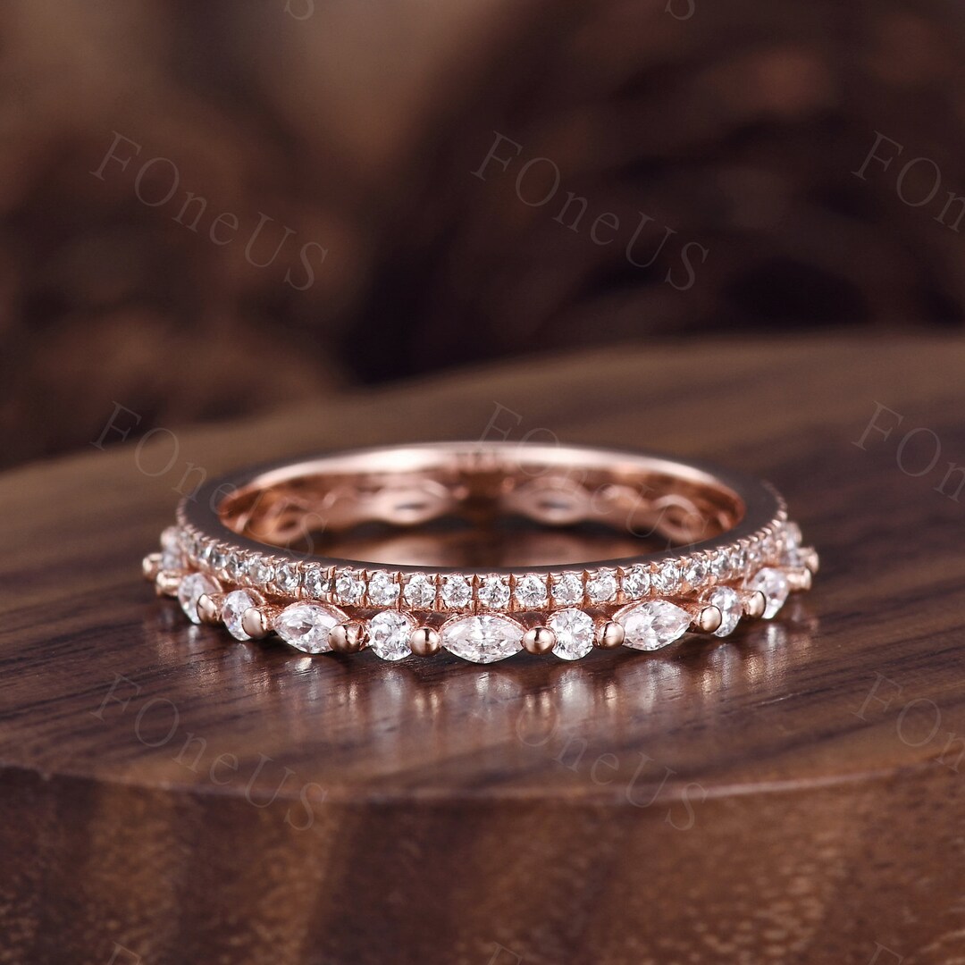 Vintage Marquise Cut Moissanite Wedding Band 14k Rose Gold Eternity ...