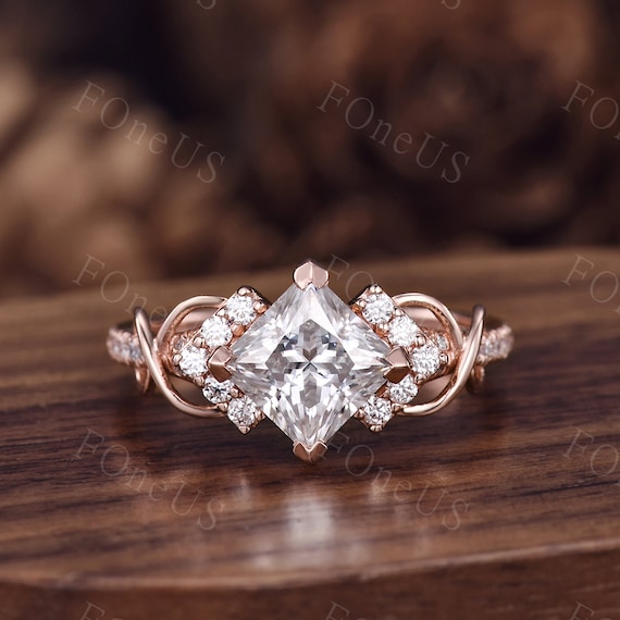 Princess cut Moissanite engagement ring Unique rose gold engagement ring dainty bridal ring twig Twist ring promise ring anniversary gift