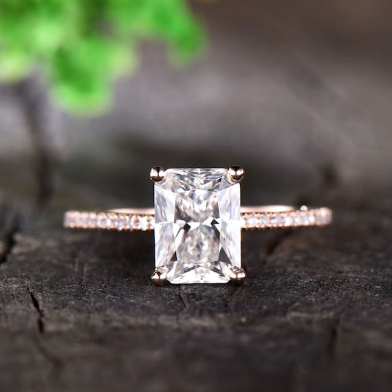 Radiant Cut Moissanite Ring Solitaire Engagement Ring Pave Diamond