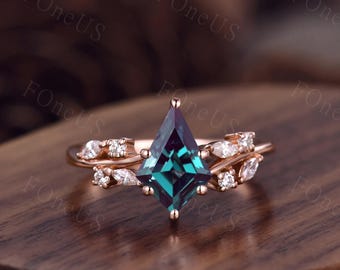 Lab alexandrite engagement ring rose gold moissanite cluster wedding ring Kite cut engagement ring June birthstone Bridal Promise ring