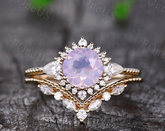 Vintage Lavender Amethyst engagement ring set unique solid gold engagement ring women marquise cut Moissanite wedding Bridal Promise ring