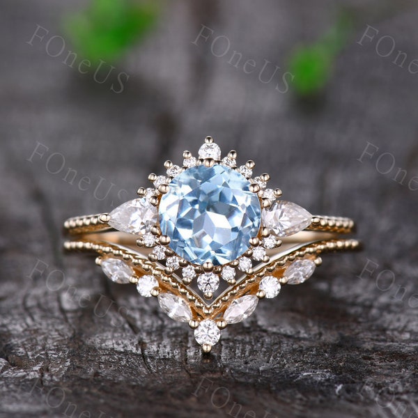 Vintage Aquamarine engagement ring set unique solid gold Moissanite ring women marquise cut Moissanite wedding band Bridal Promise ring