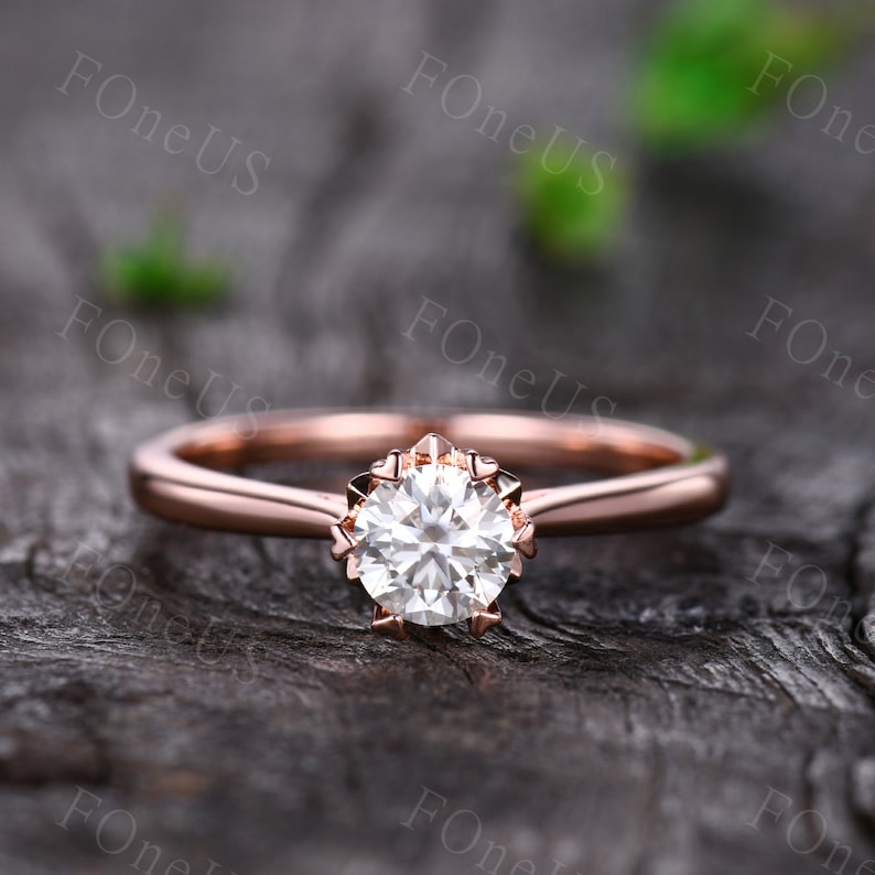 Dainty 5mm Round cut Moissanite Ring Rose Gold Moissanite Engagement Ring Unique Heart shaped Prong Set Ring Solitaire Bridal Promise Ring