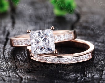 Carat (7mm) Princess Moissanite Engagement Ring Set, 14K Rose