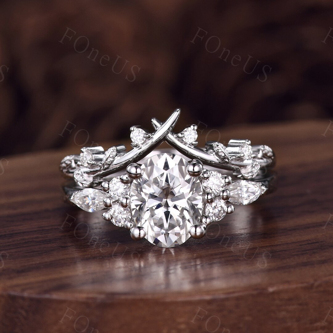 Vintage Oval Cut Moissanite Engagement Ring Set 14k White Gold Ring Art ...