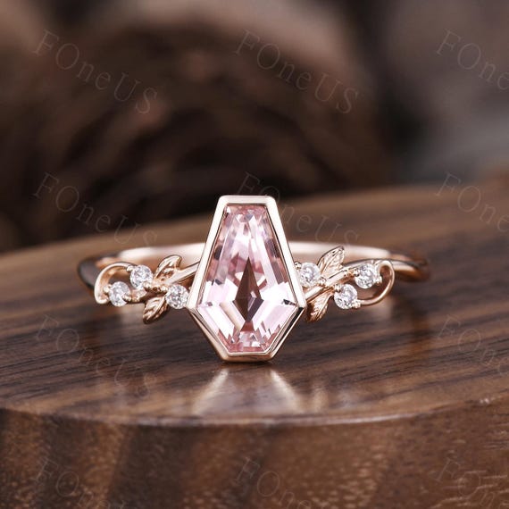Coffin Cut Pink Sapphire Engagement Ring 14k Rose Gold Ring Art