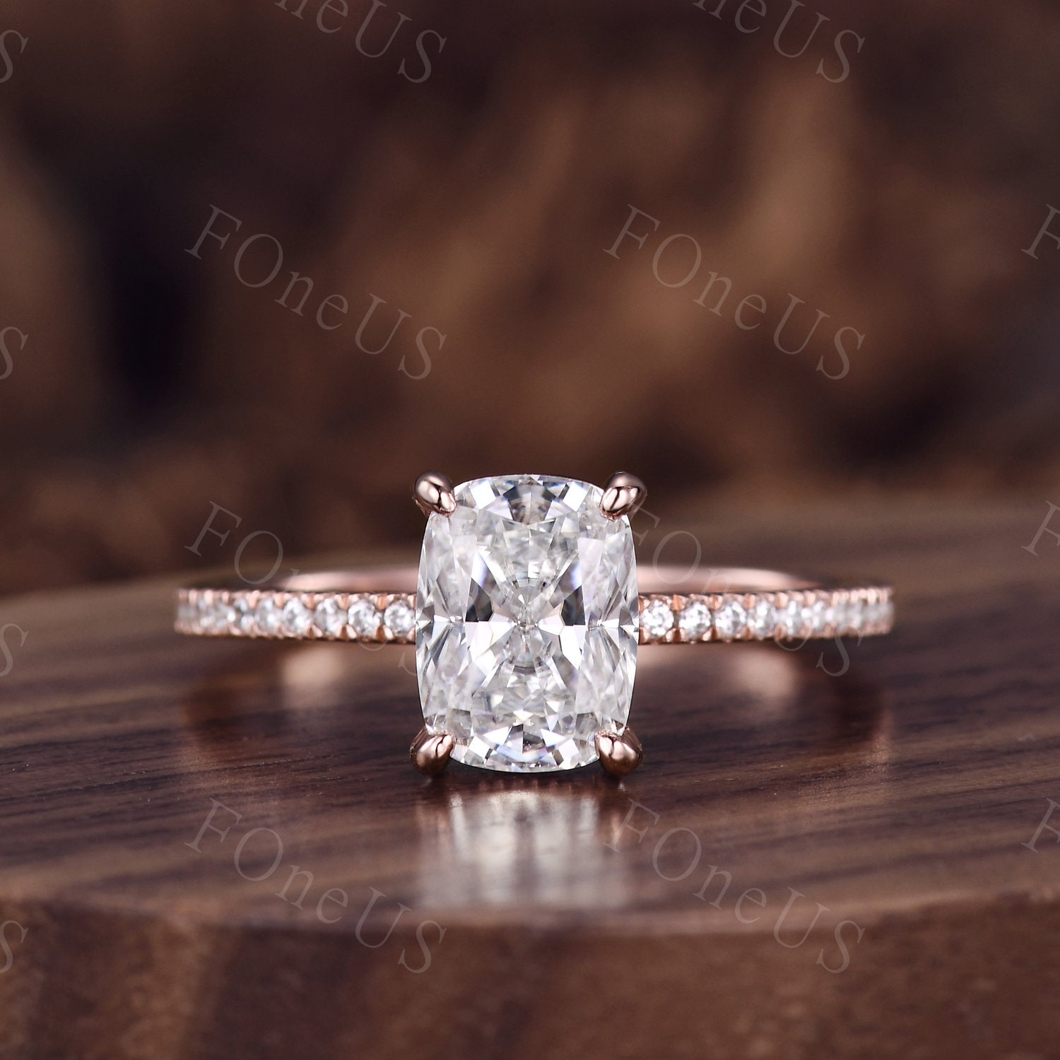 3.56 Carats Lab Grown Elongated Cushion Cut Micropaved Side Stones Hidden Halo Diamond Engagement Ring 7.75 / 14K Rose Gold