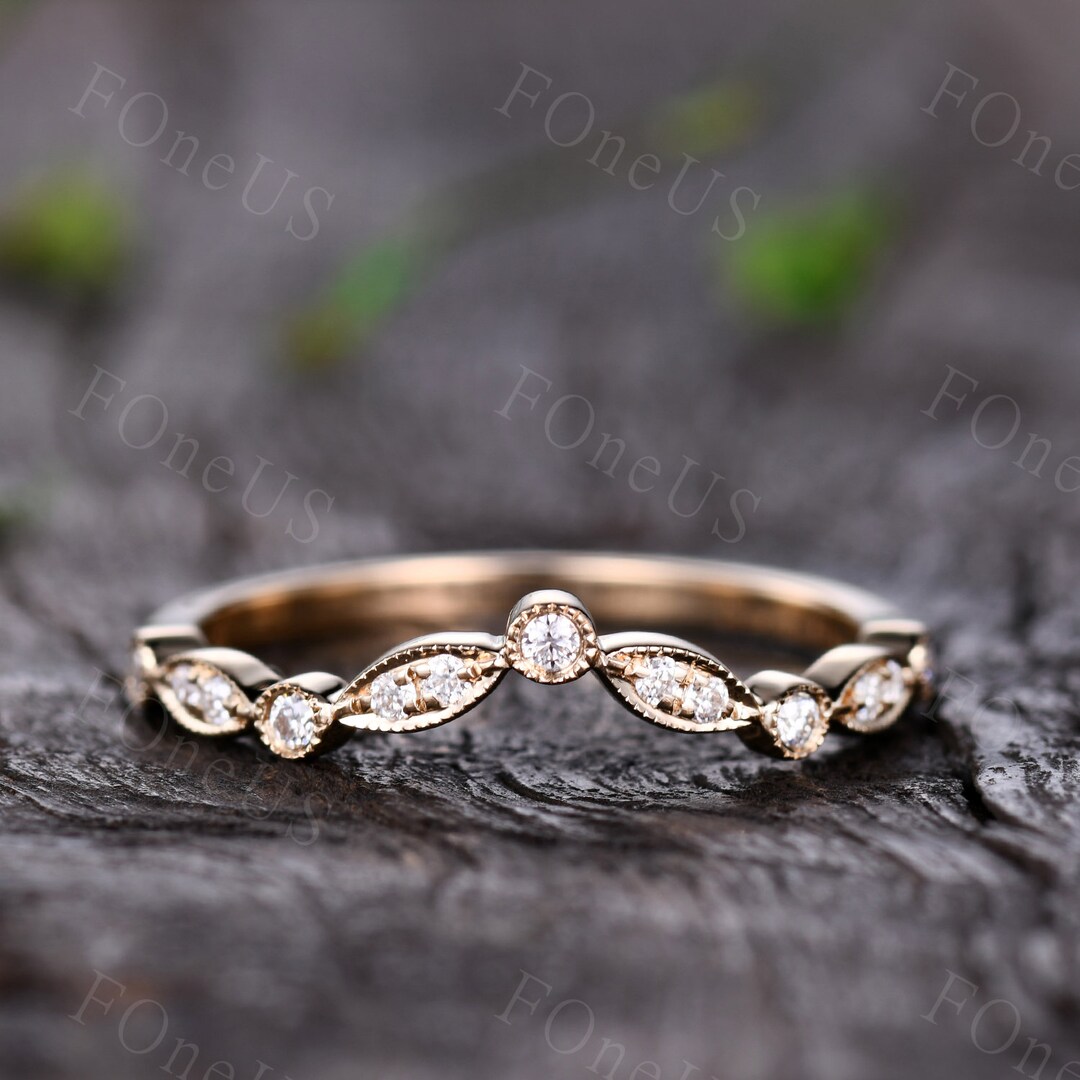 14K Solid Gold Moissanite Wedding Band, Art Deco Half Eternity ...