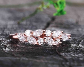 Vintage Moissanite wedding band unique Half eternity marquise dainty ring Matching Stacking band Anniversary gift rose gold ring