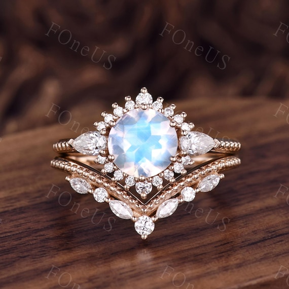 Vintage Moonstone Engagement Ring Set Unique Rose Gold Cluster