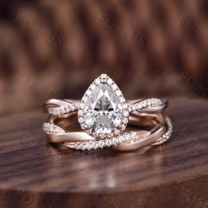 Vintage pear Moissanite engagement ring set unique rose gold engagement ring women twisted stacking wedding band Bridal Promise ring set