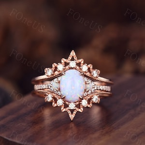 Vintage Opal engagement ring set rose gold ring oval Opal engagement ring Unique double curved Moissanite band Wedding Anniversary gift