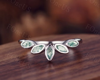 Moss Agate Curved Wedding Band Unique Bezel Set Band Sterling Silver Ring Art Deco Marquise Cut Green Agate Band Anniversary Gift Platinum