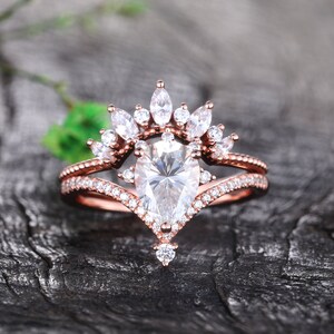 Pear Moissanite engagement ring set vintage rose gold engagement ring unique Marquise cluster wedding band moissanite band Anniversary ring