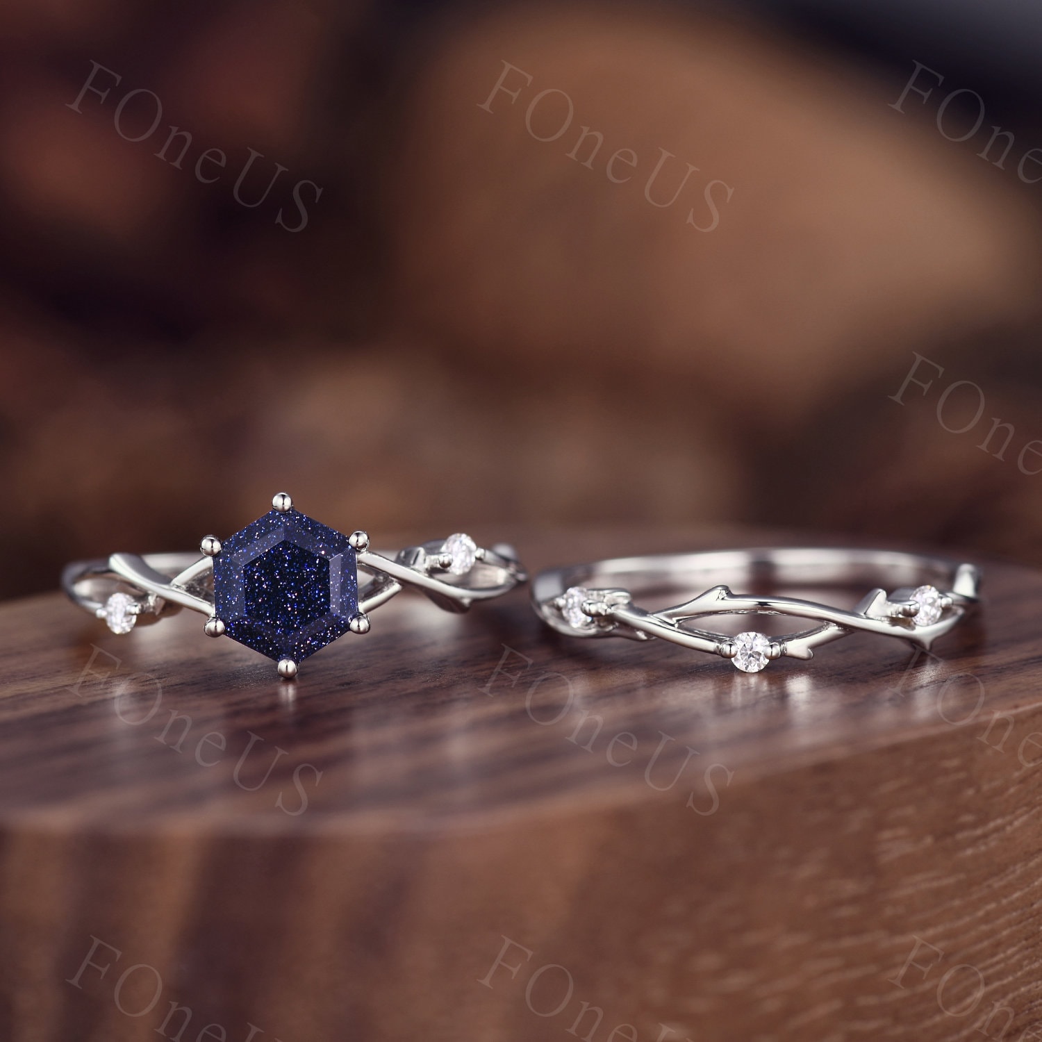 公式の  Unique Wedding Sandstone Blue Cut Hexagon Vintage Set Ring アクセサリー