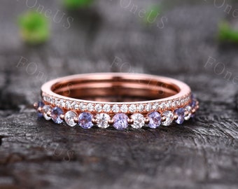 Tanzanite Wedding Band, Moissanite Band, Vintage Half Eternity Bridal Ring, Rose Gold Wedding Band, Stacking Band, Unique Anniversary Gift