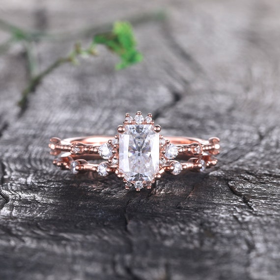 1.2 CT Radiant Cut Moissanite Ring Rose Gold Engagement Ring Set