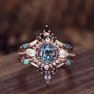 Vintage Alexandrite engagement ring set Antique rose gold Cluster engagement ring Unique Double curved wedding band Bridal Promise Ring