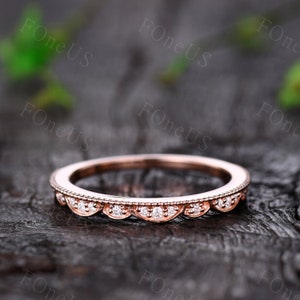 Art Deco Moissanite Wedding Band, Stackable Bridal Ring, Moissanite Wedding Band Ring, 14k Rose Gold Ring, Unique Bridal Promise Gift