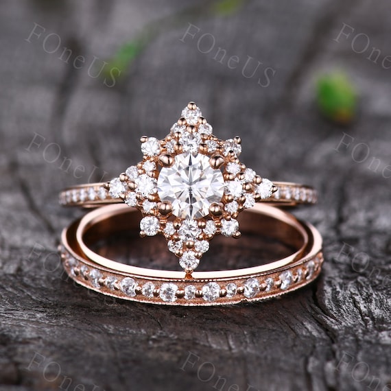 Vintage Moissanite Engagement Ring Set Rose Gold Cluster