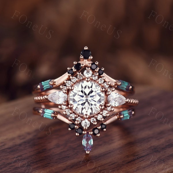 Vintage Moissanite engagement ring Set Unique rose gold Cluster engagement ring Double curved Alexandrite wedding band Bridal Promise gift