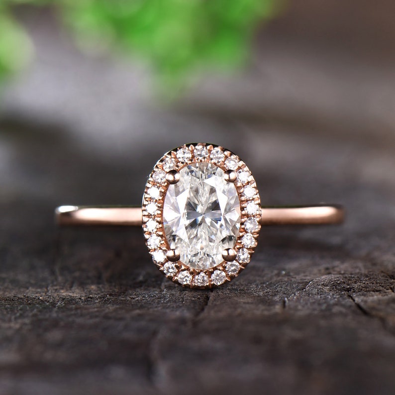 Oval Moissanite Engagement Ring Rose Gold Plain Gold Band Halo - Etsy