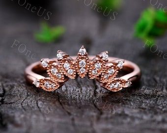 Vintage Curved Wedding Band Rose Gold Moissanite Stacking Band Unique Curved Matching Band Art Deco Wedding Ring Anniversary Ring
