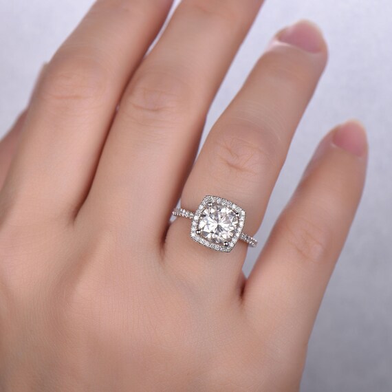 Moissanite Engagement Ring Forever One 1 5 Carat Cushion Halo Etsy