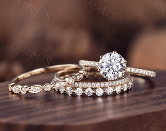 3PCS Moissanite engagement ring set vintage Yellow gold round cut bridal ring set Unique eternity stacking bands Anniversary promise ring