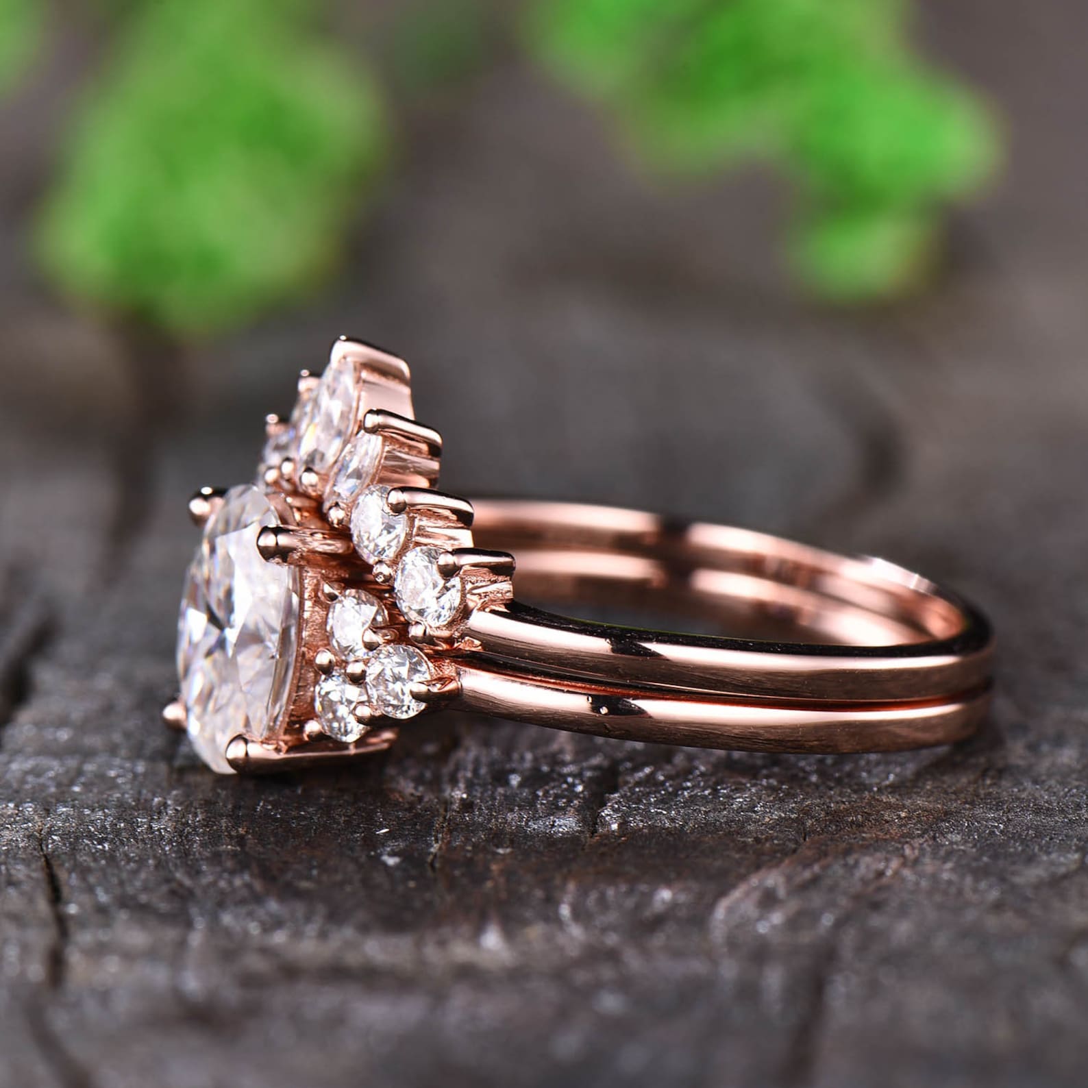 14K Solid Rose Gold Moissanite Ring Set - 1.5CT Oval Moissanite Bridal 14K Solid Rose Gold Moissanite Ring Set - 1.5CT Oval Moissanite Bridal
