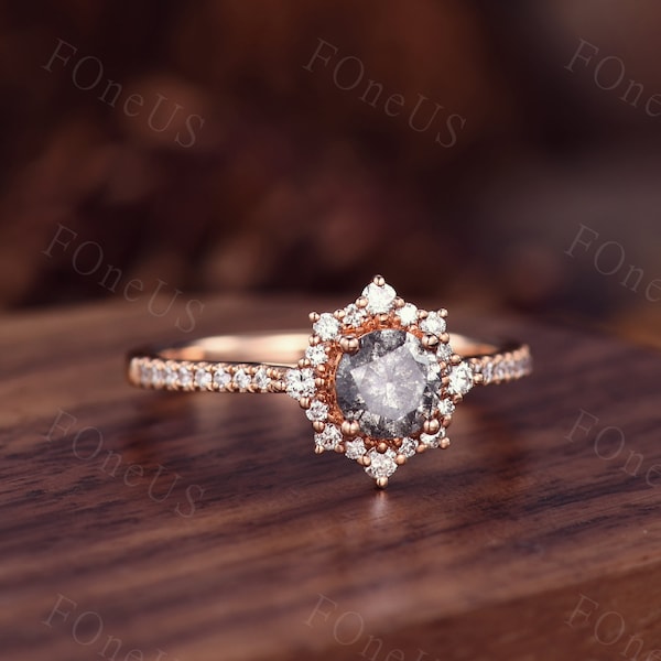Anillo de compromiso vintage con diamantes de sal y pimienta Anillo de compromiso vintage de corte redondo Anillo de media eternidad Art Deco Anillo de diamantes Anillo de aniversario