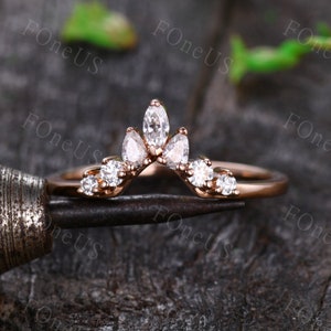 Vintage Curved V Stacking Matching Band Moissanite Wedding Band Unique Marquise Cut Rose Gold Band Stacking Bridal Anniversary band