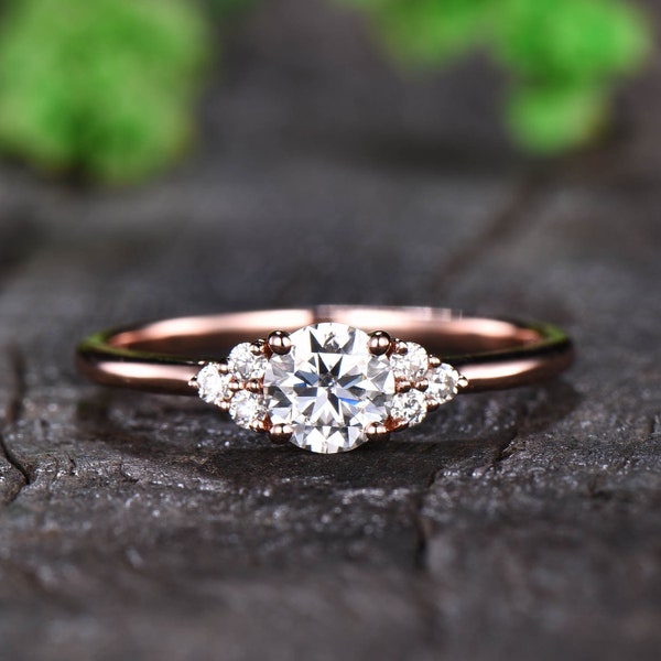Moissanite Engagement Ring, Cluster Rose Gold Wedding Ring, Round Cut Engagement Ring, Promise Ring, Bridal Anniversary Ring, Dainty Ring