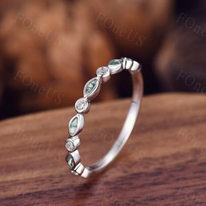 Marquise cut Moss Agate wedding band Unique Half eternity women wedding band Moissanite band Art deco stacking matching band Anniversary