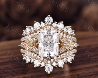 Vintage Moissanite engagement ring set women yellow gold Radiant cut engagement ring Unique Double curved stacking matching band Bridal Ring