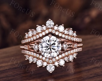 Vintage round cut Moissanite engagement ring Set Unique rose gold engagement ring Double curved wedding band Bridal Promise ring set