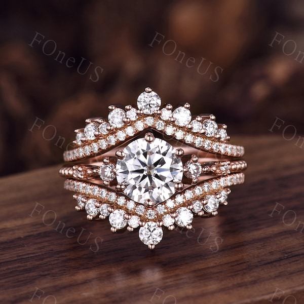 Vintage round cut Moissanite engagement ring Set Unique rose gold engagement ring Double curved wedding band Bridal Promise ring set