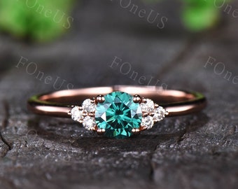 Green Moissanite Engagement Ring, Cluster Rose Gold Bridal Ring, Round Cut Engagement Ring, Promise Ring, Anniversary Ring, Platinum Ring