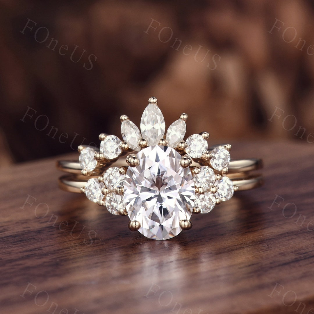 1.5CT Oval Cut Moissanite Engagement Ring Set 14K Solid Gold Ring Oval ...