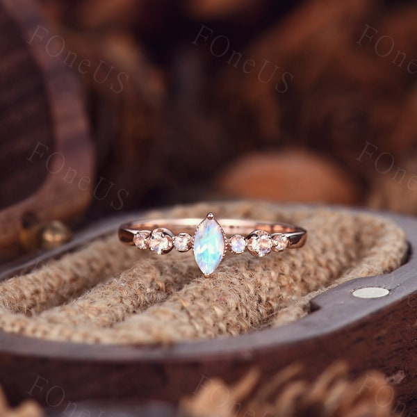 Rose Gold Moonstone Ring, Dainty Natural Moonstone Ring, Marquise cut Moonstone Engagement Ring, Anniversary Gift, June Birthstone Ring