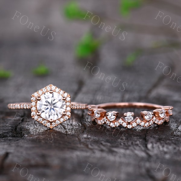 Unique Round cut Moissanite Ring Set Hexagon Halo Moissanite Engagement Ring Art Deco Rose Gold Moissanite Wedding Band Bridal Promise Ring