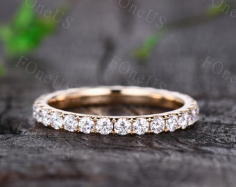14K Gold 2MM Colorless Moissanite Wedding Band Women Full Eternity Pave Wedding Ring Round cut Stacking Matching Band Anniversary Ring