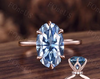 8x12mm-4.5ct Oval Cut Blue Moissanite Tulip Setting Engagement Ring Hidden Halo Minimalist Statement Ring 14k Rose Gold Bridal Promise Ring