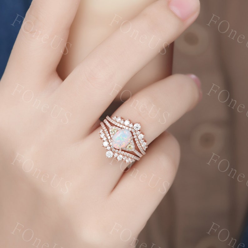 Matching Opsite Rings Vintage White Opal Engagement Ring Set Women Rose Gold Engagement Ring ...