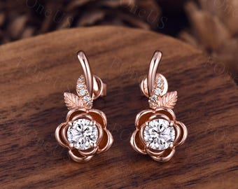 Rose Flower Moissanite Round Earring Studs, 14k Rose Gold Nature Inspired Leaf Floral Earrings, Women Vintage Earrings, Anniversary Gift